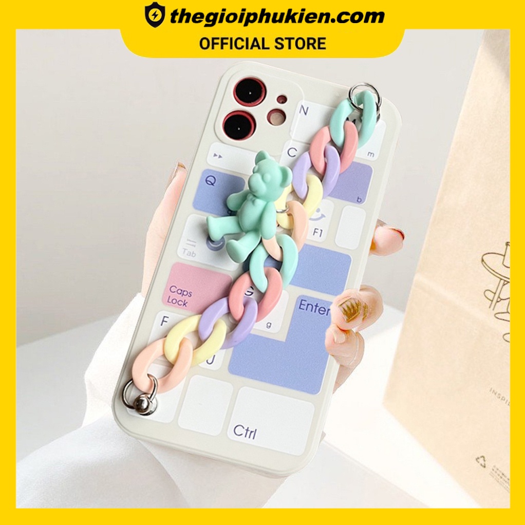 Ốp lưng iphone cạnh vuông gắn xích gấu hình bàn phím dành cho iphone 6 đến 14promax - bi353