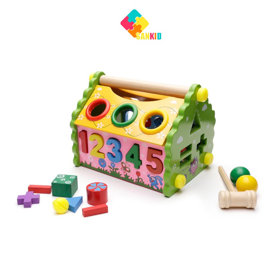 Nhà đập bóng thả số thả khối đa năng, đồ chơi gỗ thông minh cho bé