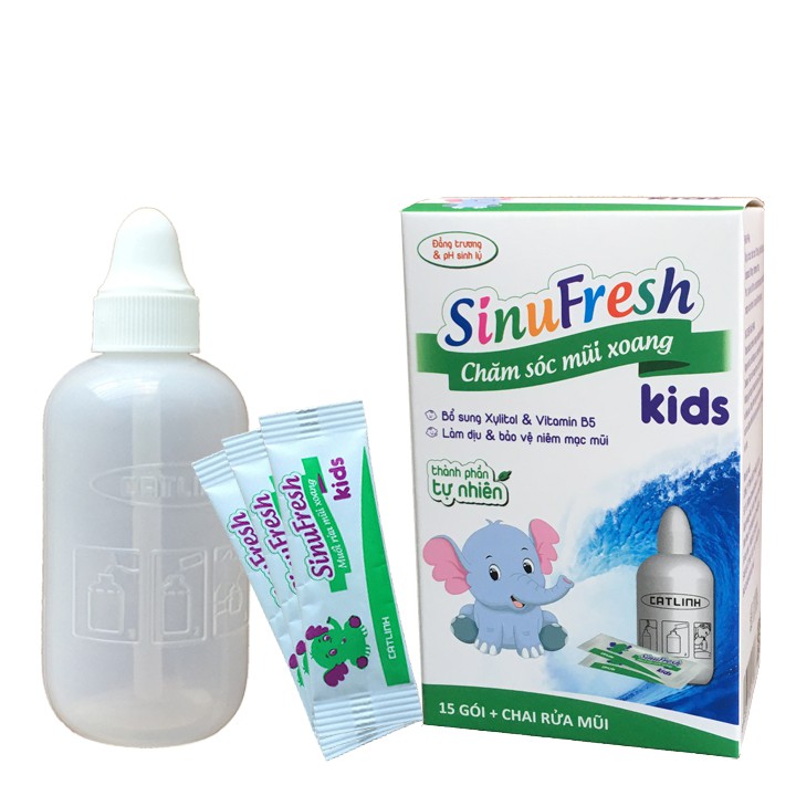 [FREE SHIP COMBO] Muối Rửa Mũi Xoang Cát Linh Mới SinuFresh Kids (Muối Rửa Mũi Xoang Trẻ Em) Hộp 15 Gói + 1 Chai 180 mL