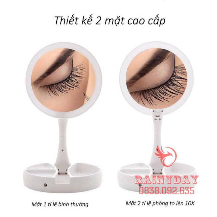 Gương trang điểm để bàn phấn có đèn led sạc kính tròn makeup phóng đại lật 2 mặt xoay 360 độ mini gấp gọn