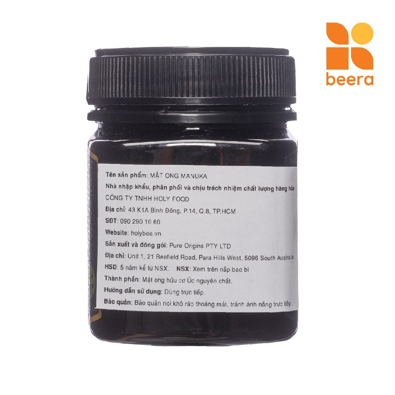 Mật Ong Manuka MGO 250+ Pure Origins Beera hỗ trợ tiêu hoá, giảm sâu răng (250g)