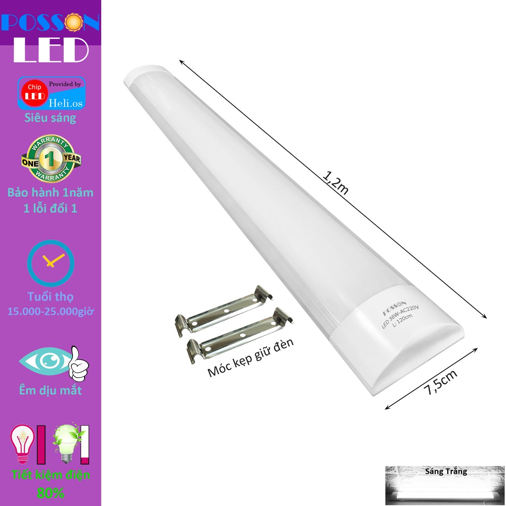 Sỉ 20 Đèn bán nguyệt 1m2 tuyp Led 1,2m 36w nguyên bộ liền máng Posson LTC-120x