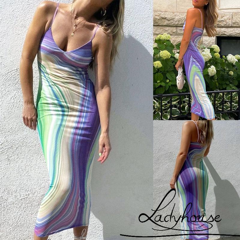 Đầm hai dây cổ chữ V màu sắc tương phản thời trang dành cho nữ