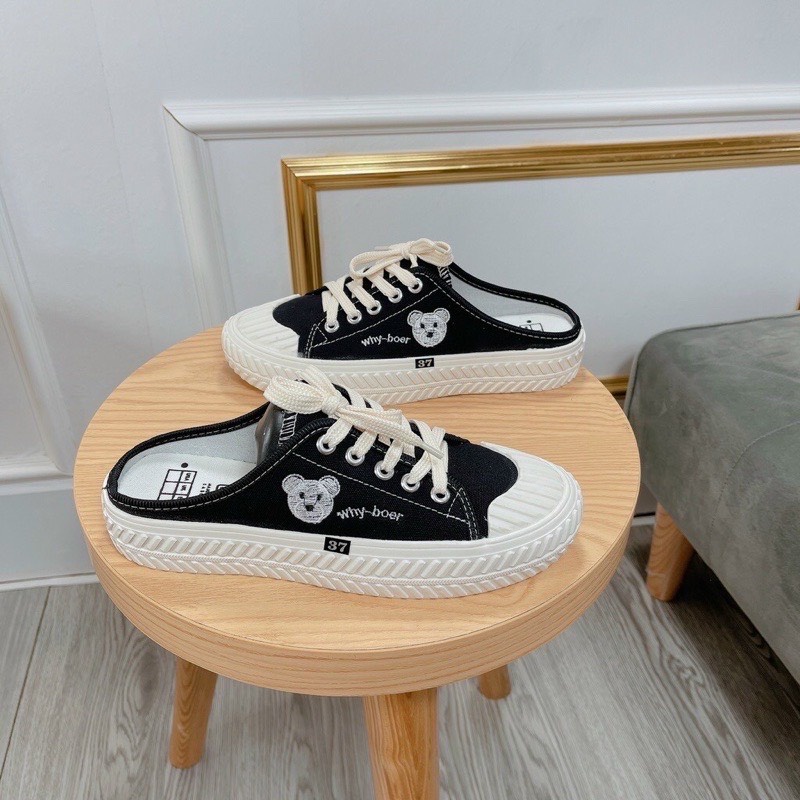 Giày sục nữ thể thao hình gấu chất liệu vải canvas đế độn cao 3 cm trẻ trung tiện lợi