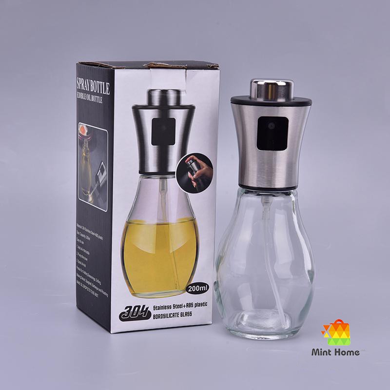 [Tặng Phễu &amp; Chổi] Bình xịt dầu ăn kiêng 200ml, chai xịt phun sương thủy tinh nắp inox phụ kiện nồi chiên không dầu NCKD