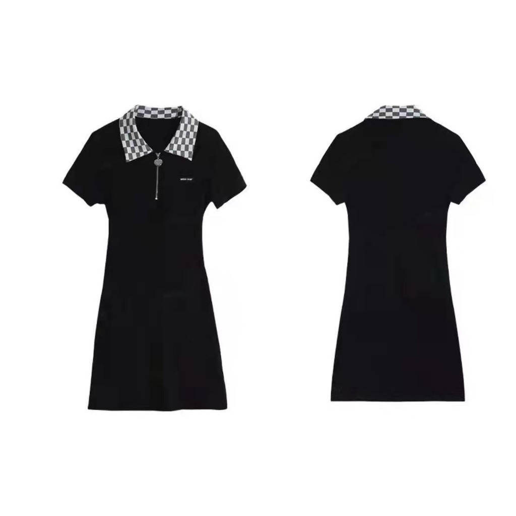 AMOI Đầm Tay Ngắn Cổ Polo Thắt Nơ Lưng Họa Tiết Sọc Caro