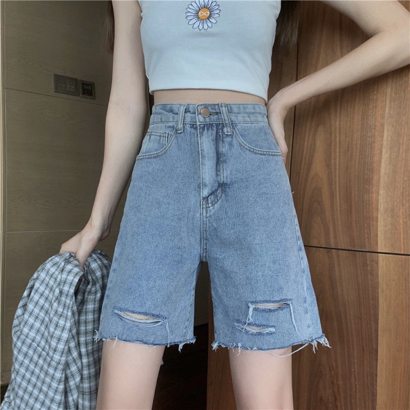 COZOK Quần Short denim Lưng Cao Ống Rộng Phối Rách Kiểu Hàn Quốc Cá Tính