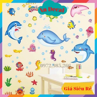 Tranh decal, decal dán tường trang trí phòng, nhà tắm cho bé thế giới động vật dưới nước TE11