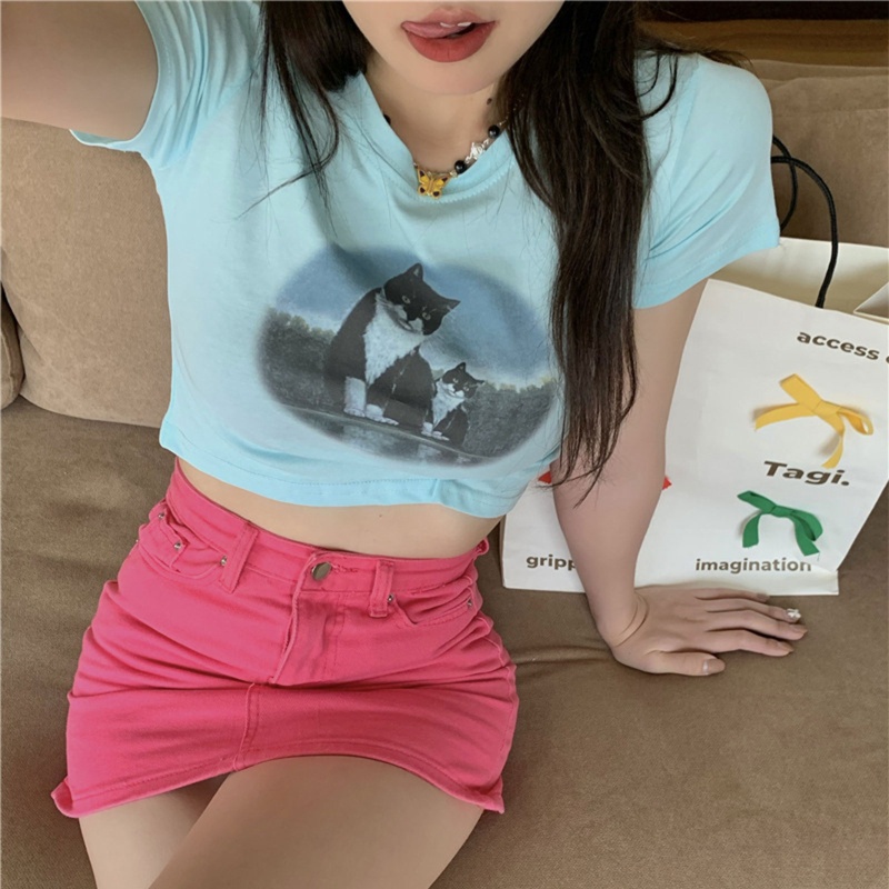 Áo Croptop Tay Ngắn Cổ Tròn Màu Trơn In Họa Tiết Hoạt Hình Đơn Giản Thời Trang Cho Nữ