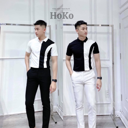 Áo Có Cổ Nam PHối Đen Trắng Cá Tính, Chất Liệu Thun co giãn 4 chiều