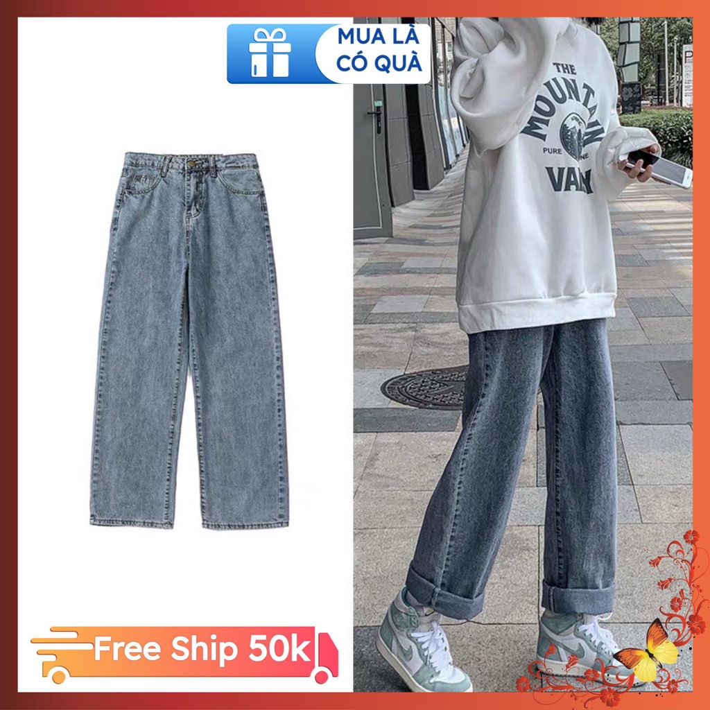 Quần jean nữ ống rộng chất đẹp QJ3 Minaxyz, quần bò xuông cạp cao phong cách ulzzang