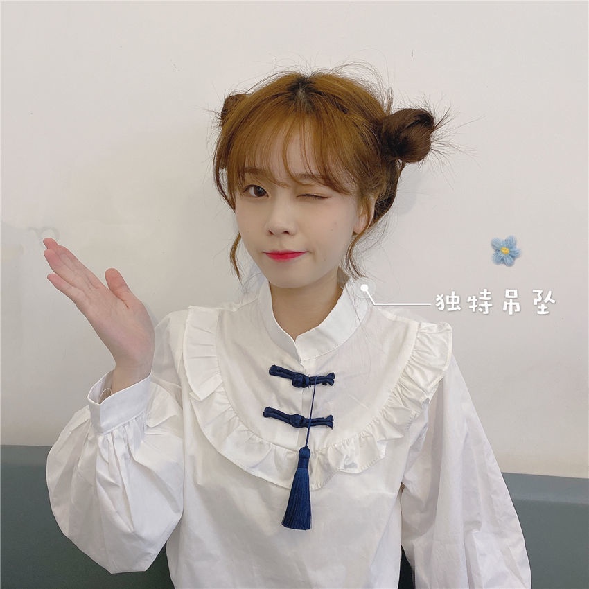 Áo Sơ Mi Trắng Tay Dài Cổ Đứng Dáng Rộng Cài Khóa Thời Trang Cho Bạn Gái