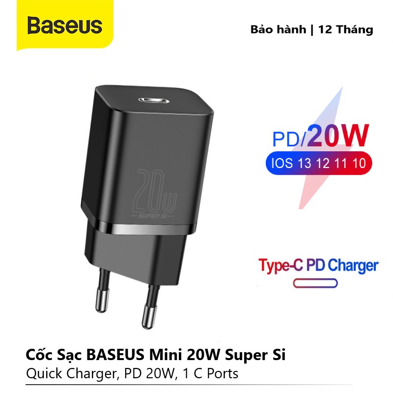 Củ Sạc Nhanh Baseus Super Si Mini USB C 20W, Hỗ Trợ QC3.0 PD sạc nhanh cho iphone 12/ dây sạc 20W