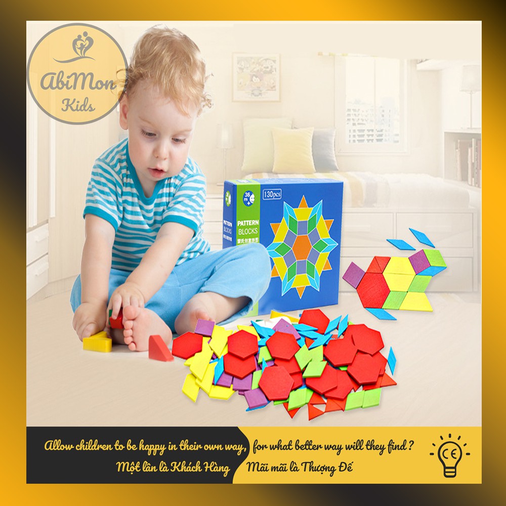 Bộ Ghép Hình Pattern Block Cho Bé (130 miếng) ☘️ Montessori cao cấp ✨ (Đồ chơi Gỗ - Giáo Dục - An toàn - Thông minh)