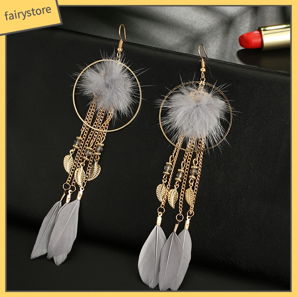 Bông tai lông vũ dáng dài phong cách cổ điển