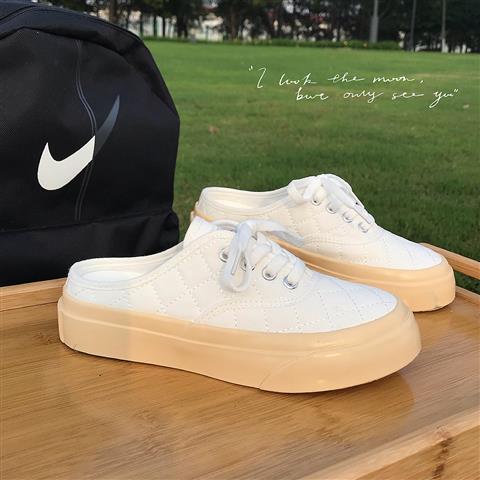 Niche design thick-soled height-enhancing shoes half-drag canvas shoes women 2021 new heelless breathable white shoes summer