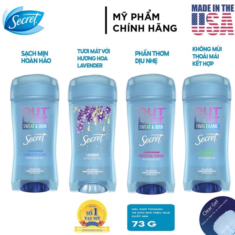 1 chai Lăn khử mùi nữ Secret Clear gel 73g Lavender, Outlast Completely Clean, Unscented, Protecting powder - Mỹ