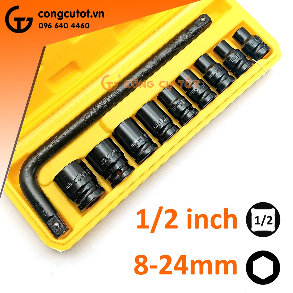 Bộ 9 khẩu vặn ốc 8-24mm 1/2inch cần cong si ĐEN hộp vàng