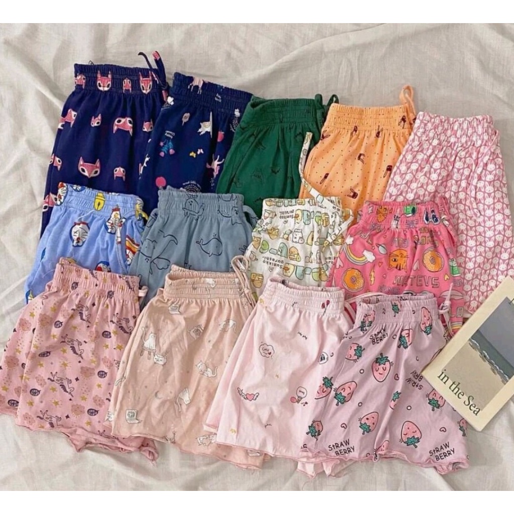 Quần đùi nữ cotton đi ngủ, quần cộc lưng thun họa tiết dễ thương