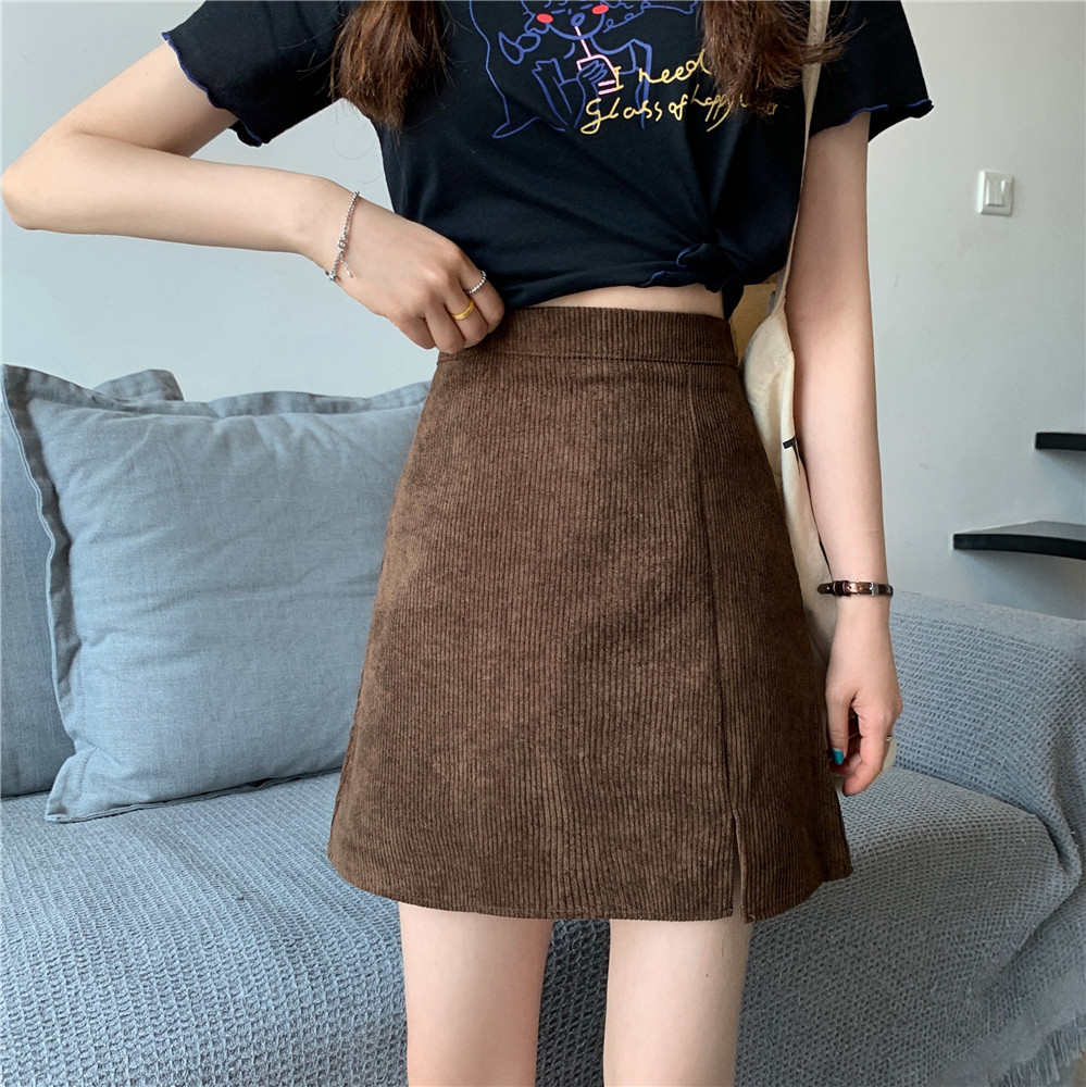 Chân váy chữ A vải nhung lưng cao phong cách Hàn Quốc retro cho nữ