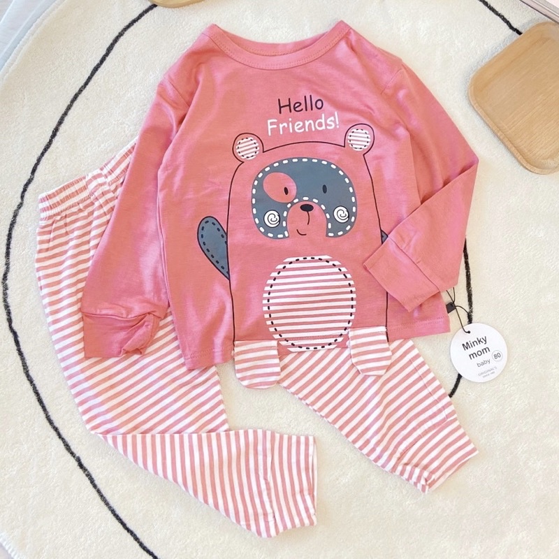Bộ Quần Áo Dài Tay Minky Mom Thun Lạnh Thoáng Mát Hoạ Tiết Động Vật Sinh Động, Quần kẻ
