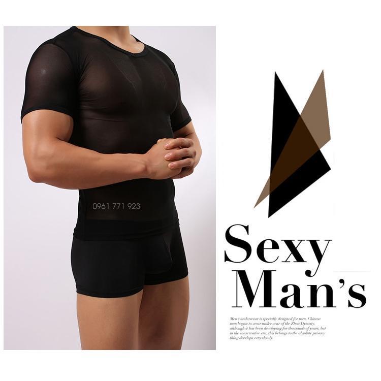 Áo thun lưới nam tay ngắn xuyên thấu sexy Cao Cấp, Áo gym nam body lưới nam đi biển đẹp ngắn tay có bigsize đen trắng