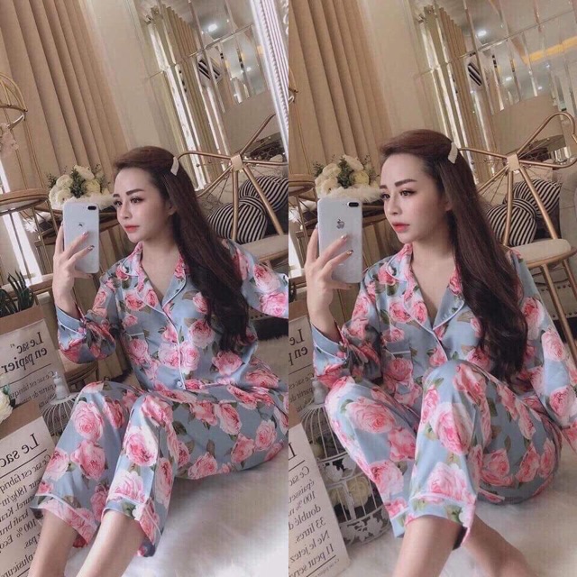 Bộ ngủ pijama lụa dài tay quần dài