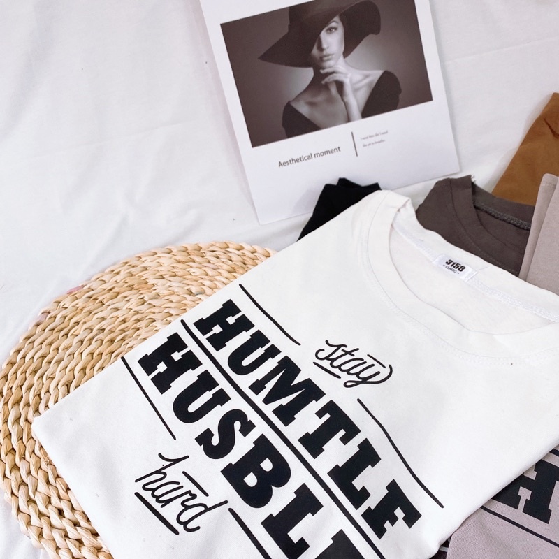 Áo phông 3158, áo thun tay lỡ form rộng chất cotton in chữ Hum