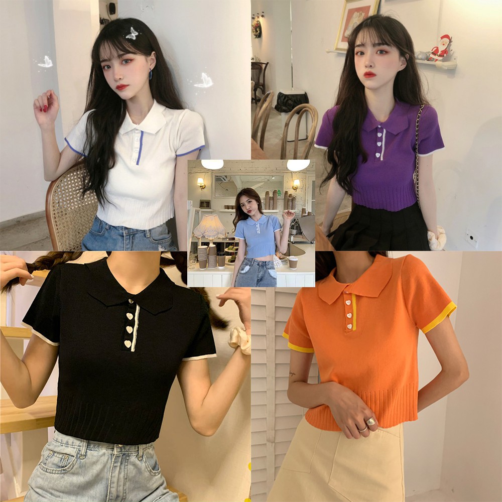 Áo Polo Ngắn Tay Phối Nút Xinh Xắn Cho Nữ 7911