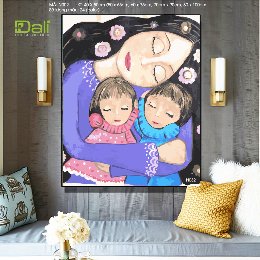 Tranh sơn số hoá tự tô đã căng khung tình mẹ con tình mẫu tử