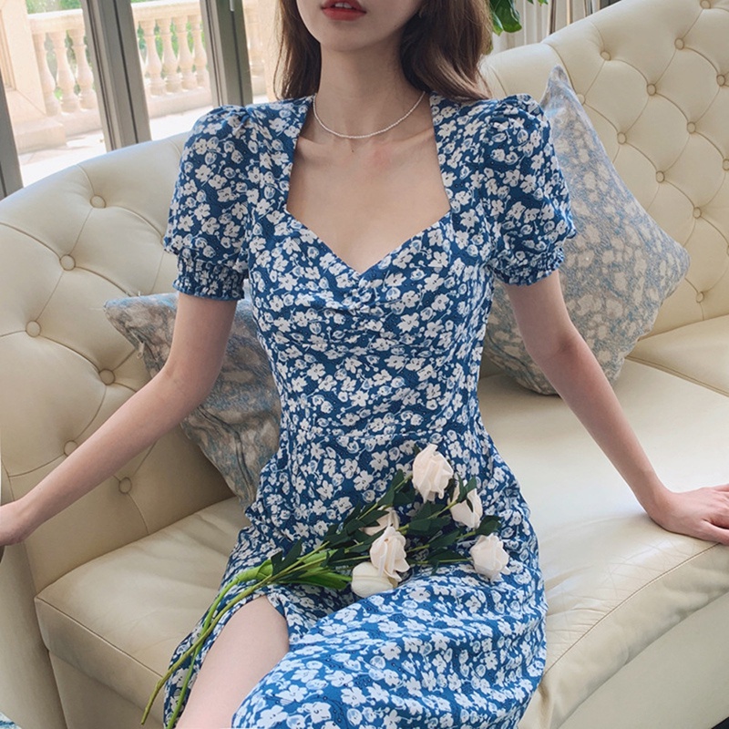 Đầm tay phồng cổ vuông chiết eo dáng dài xẻ tà IELGY thời trang mùa hè phong cách Pháp cổ điển