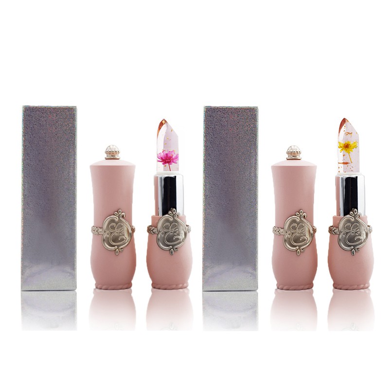 2 Pcs Beauty Bright Flower Crystal Jelly Lipstick Magic Temperature Change Color Lip Balm Makeup , Rose with Lemon Yellow