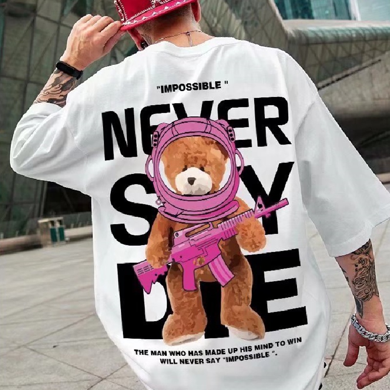 Áo Thun Mùa Hè Dáng Suông Cổ Thuyền Phong Cách Hong Kong In Họa Tiết Hoạt Hình Cho Nam Size M-8XL ​Áo Thun Ngắn Tay Oversize In Họa Tiết Gấu Xinh Xắn Theo Phong Cách unisex