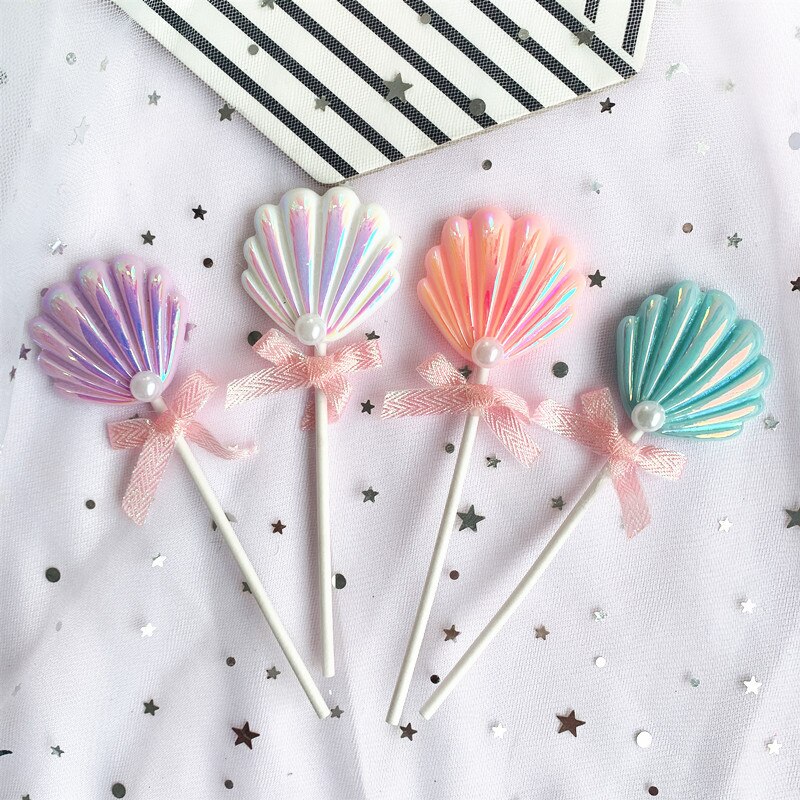 Que cắm trang trí bánh kem cupcake chủ đề dưới đáy biển nàng tiên cá nhỏ vỏ sò nhiều màu sắc cho tiệc tùng sinh nhật