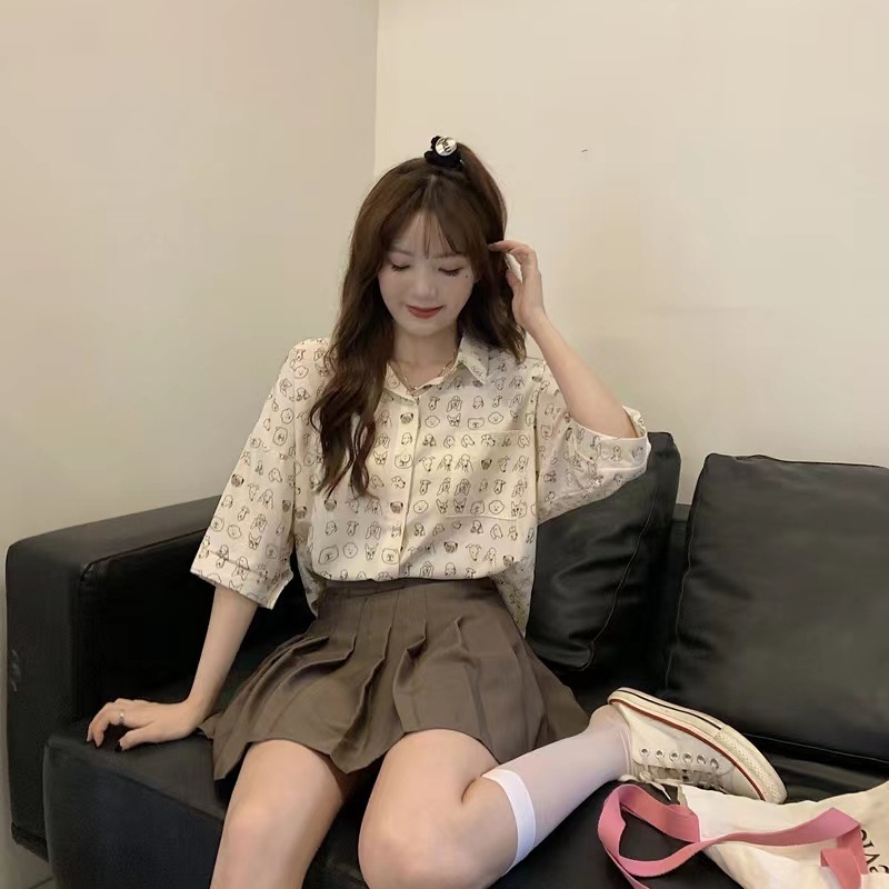 SUXI Áo Sơ Mi Tay Ngắn Dáng Rộng Phong Cách Vintage Dễ Phối Đồ Thời Trang Mùa Hè Cho Nữ