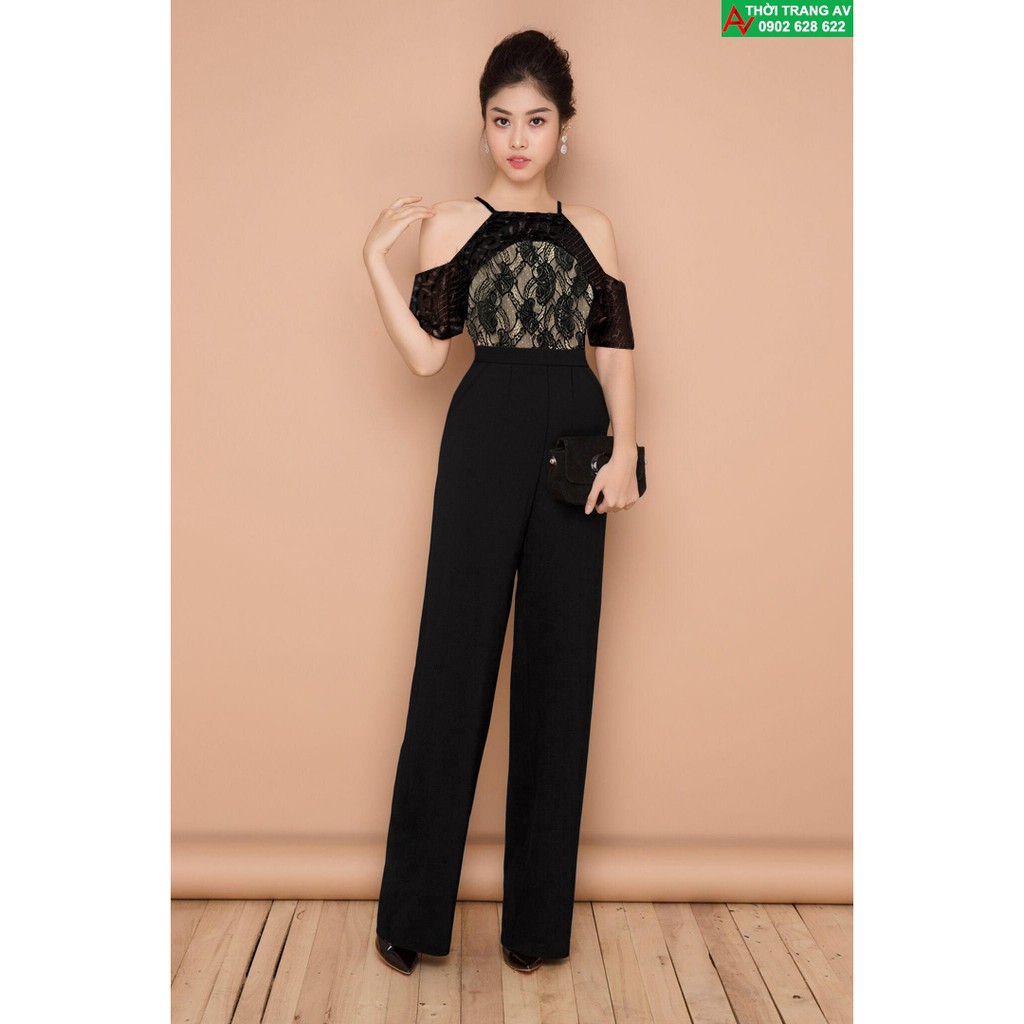 Jumpsuit - Đồ bay dài cổ yếm ống suông khoét vai phối ren đầy sang trọng - AV6197