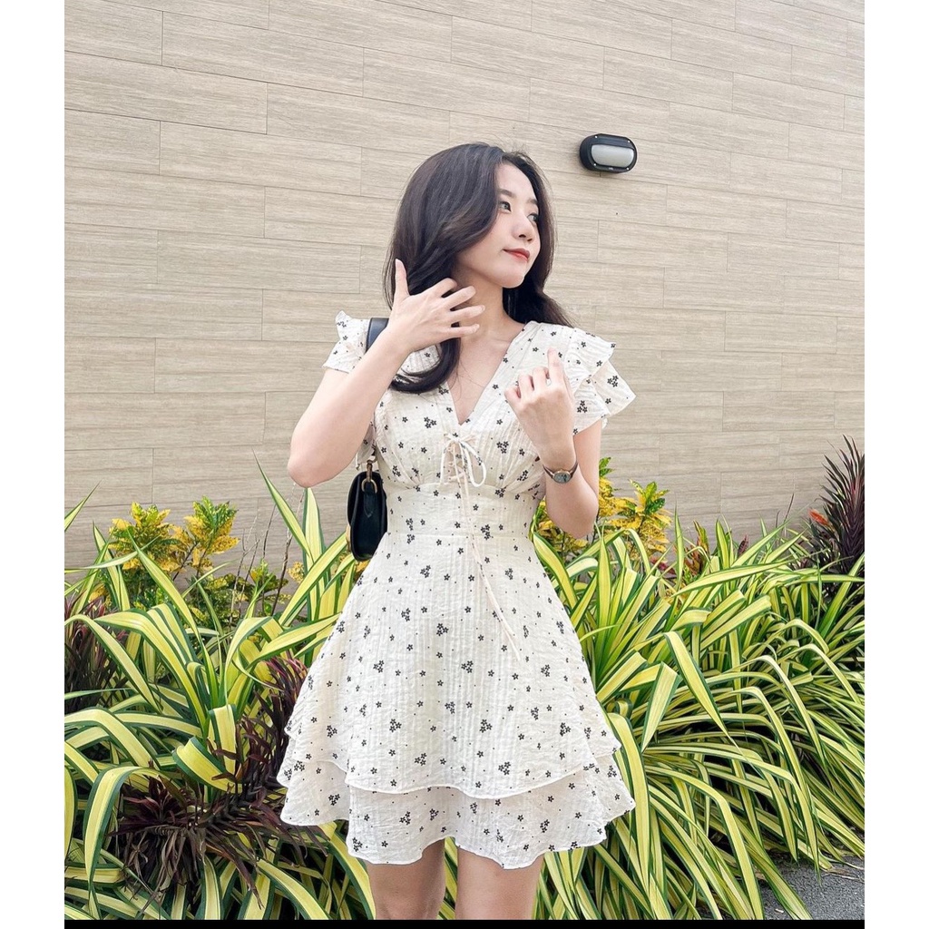 Váy hoa đan dây ngực Hàn Quốc, Váy hoa vintage dáng xòe đan dây