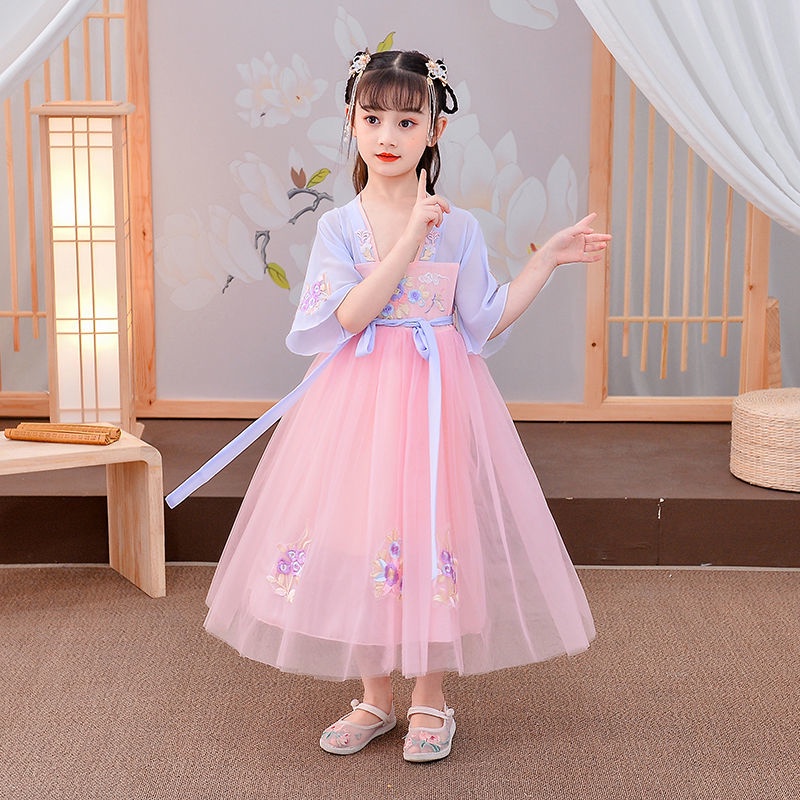 Đầm công chúa tay ngắn phong cách Trung Hoa cổ điển thời trang mùa hè cho bé gái 4-15 tuổi
