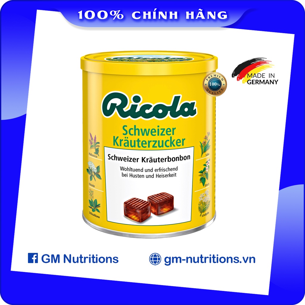 Kẹo ngậm ho thảo dược giảm ho khàn giọng Ricola Đức hộp 250g