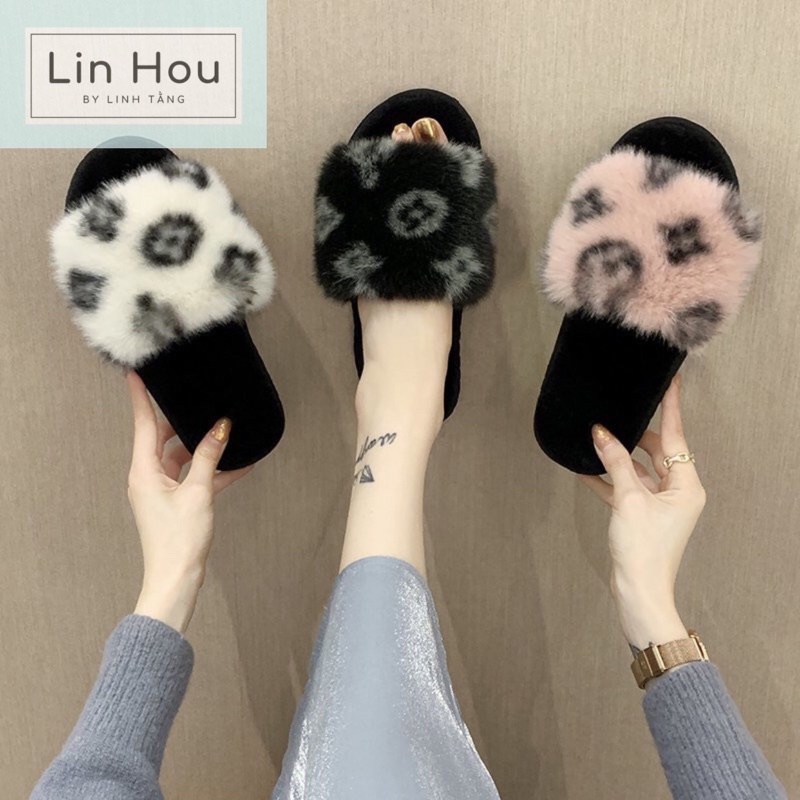 [Sale sốc] Dép lông quai ngang LV cao cấp, dép lông nữ quai ngang lông xù, Lin Hou LV fluffy sandals fluffy slippers