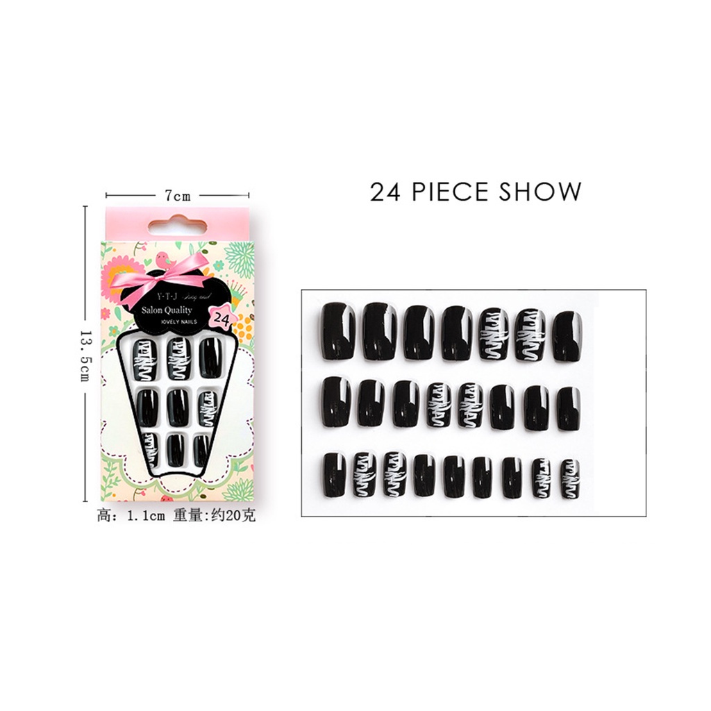 [Hàng mới về] Set 24 móng tay giả màu đen hình vuông có thể tháo rời thời trang cho nữ