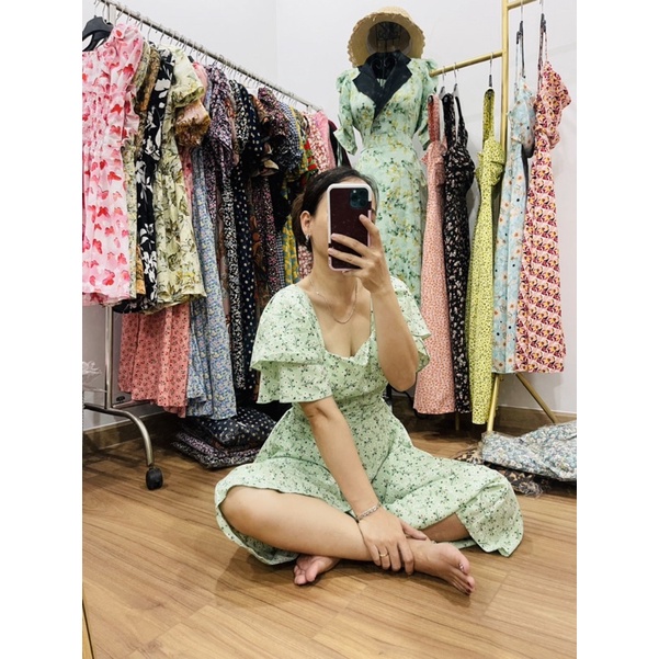 ĐẦM MAXI CỔ VUÔNG TAY CÁNH TIÊN XẾP TẦNG