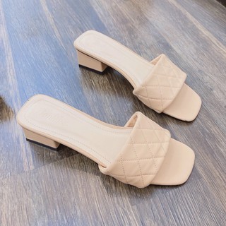 Dép cao gót nữ cao 3p MINICHINO mũi vuông quai ngang phối gót sơn form chuẩn size 35-40