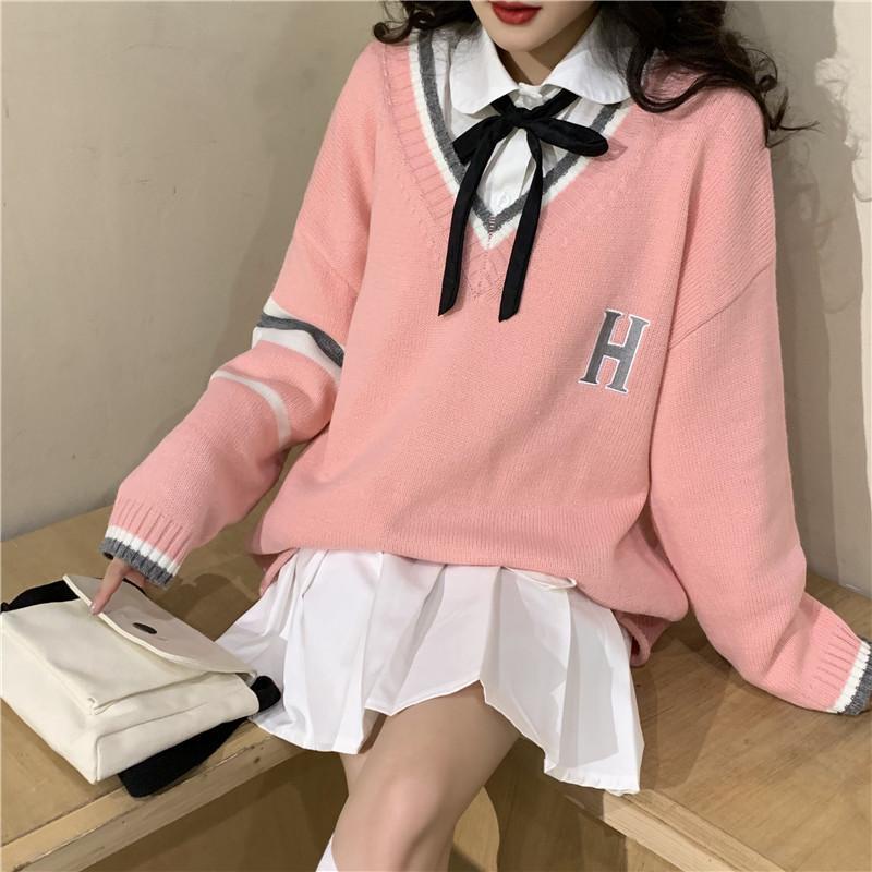 Áo len tay dài cổ chữ v form rộng thiết kế ngọt ngào thời trang dành cho nữ