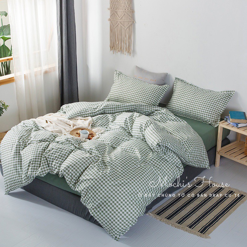 BỘ CHĂN GA GỐI COTON POLY MẪU CARO XANH LÁ SIÊU XINH, GA GIƯỜNG ĐẸP