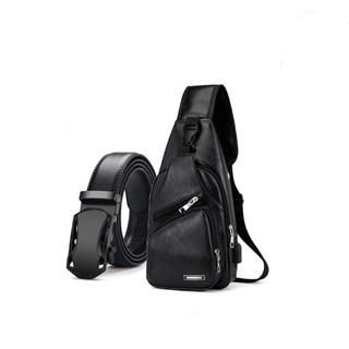 Combo túi da đeo chéo dc297 thắt lưng da nam mp20 đen