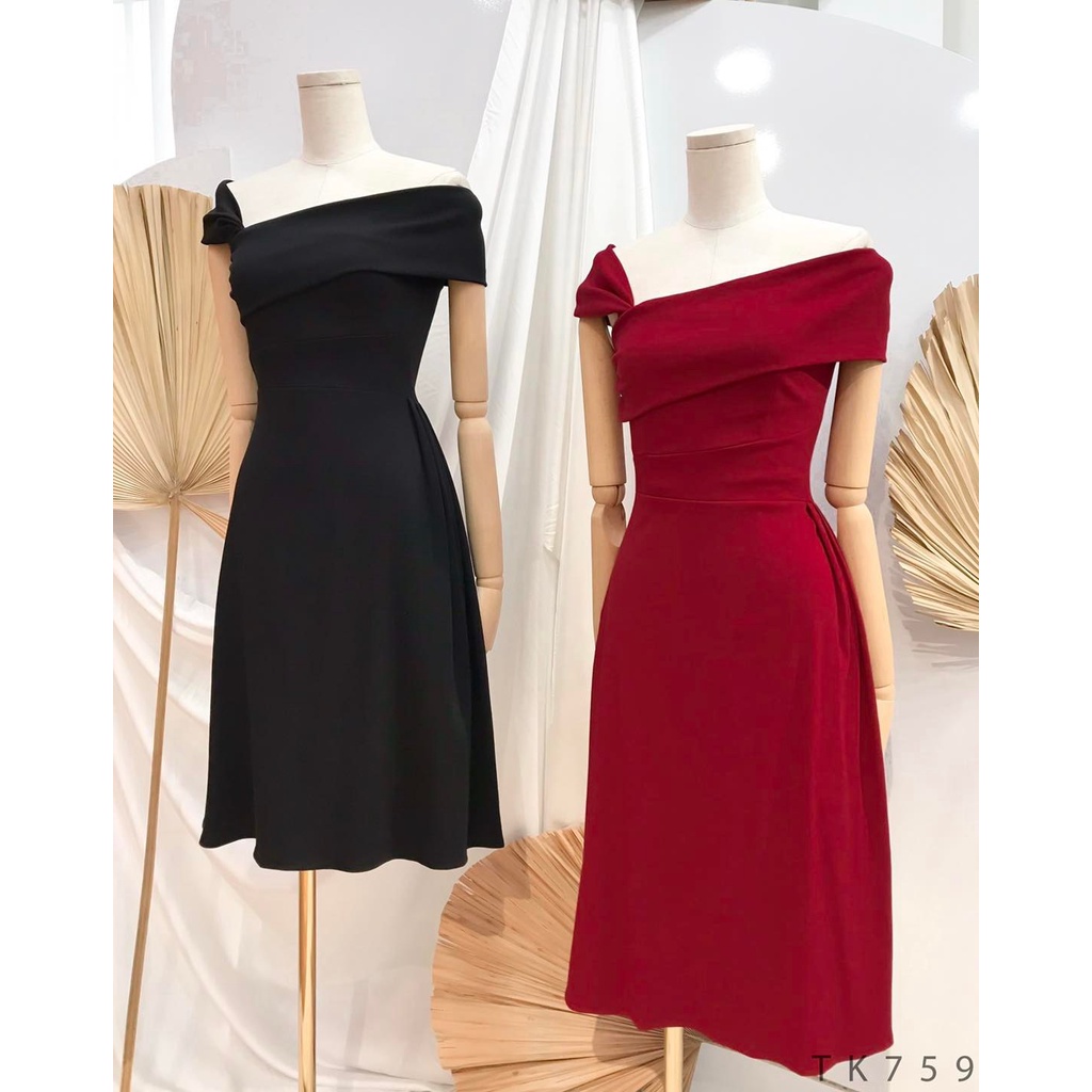 [Ảnh thật] Đầm thun midi lệch vai