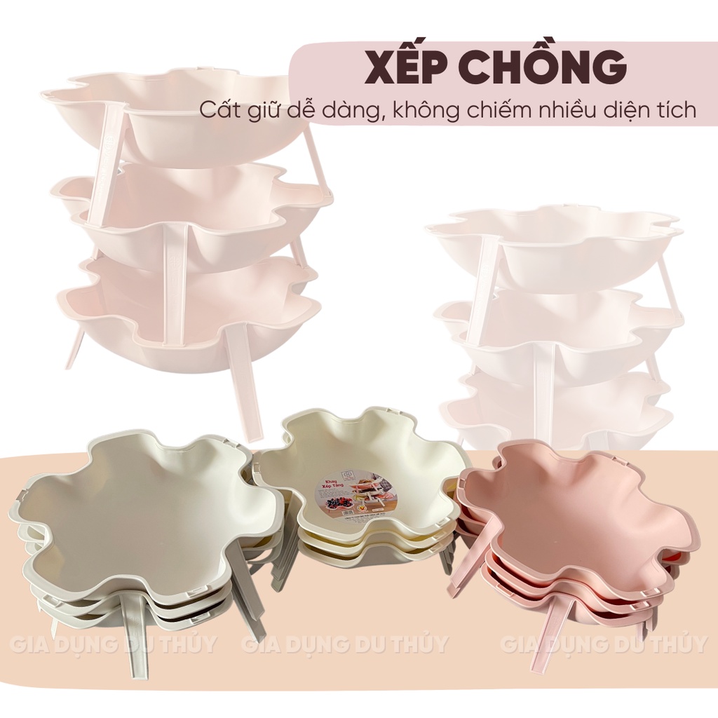 Bộ 3 dĩa xếp chồng tiết kiệm không gian màu trắng, hồng, xám hình hoa, tiện cho các món lẩu và bày trí bàn tiệc cuối năm