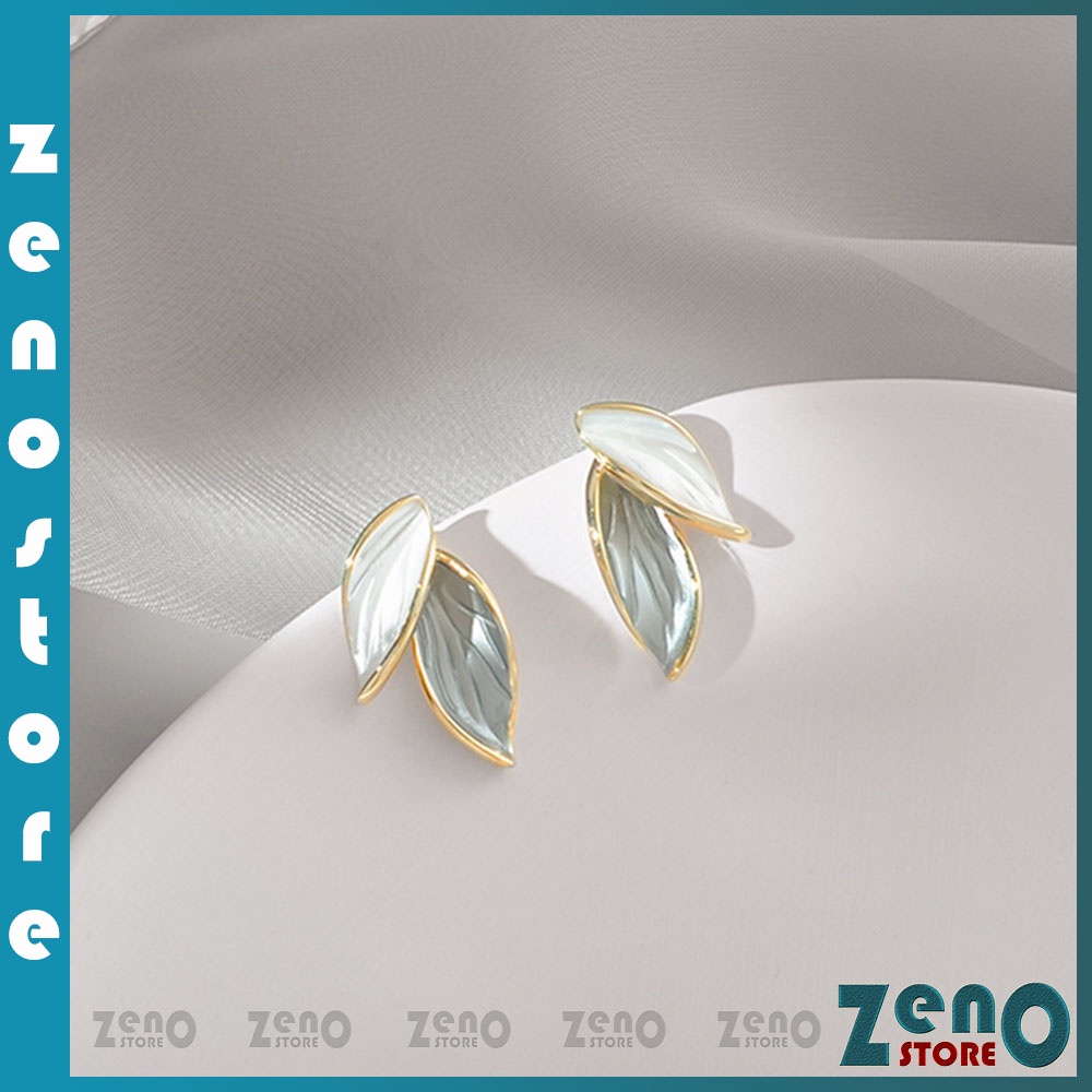Khuyên tai ZenO KT13 chiếc lá cuối thu màu xanh trắng tương phản cực chất