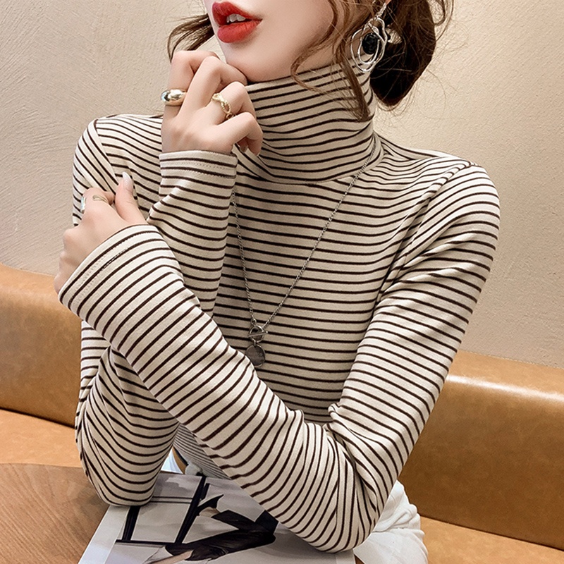 Áo Thun Cổ Cao Họa Tiết Kẻ Sọc Phối Lông Thời Trang Mùa Thu Mới Cho Nữ